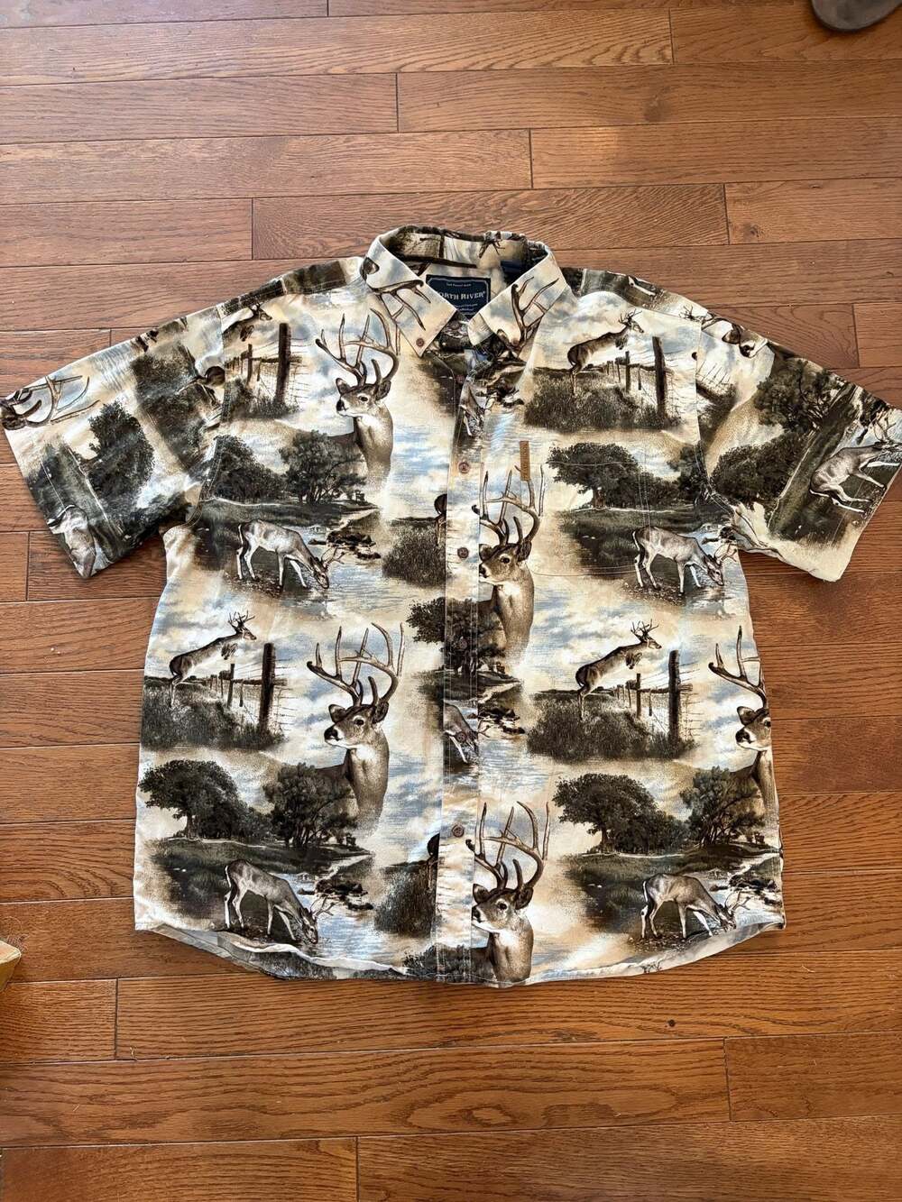 North River Men's Deer Print Button-Down Shirt, XL, 100% Cotton, Made in China